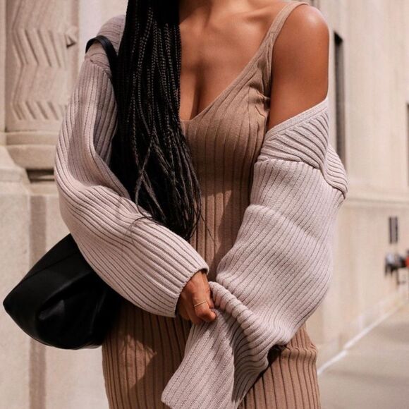 H&M Ribbed Knit Beige Dress New - Picture 3 of 11